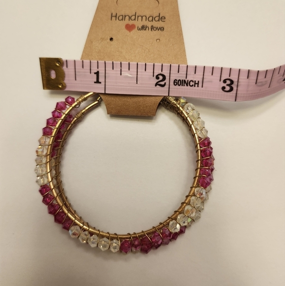 Gold hoops stainless pink/clear beads individually wire wrapped- handcrafted - Picture 4 of 5